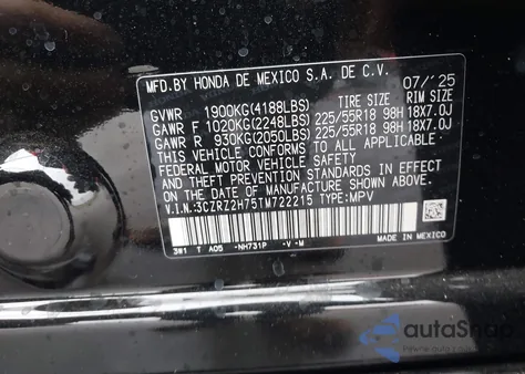 2026 Honda Hr-V Awd Ex-L from USA, damaged, VIN 3CZRZ2H75TM722215